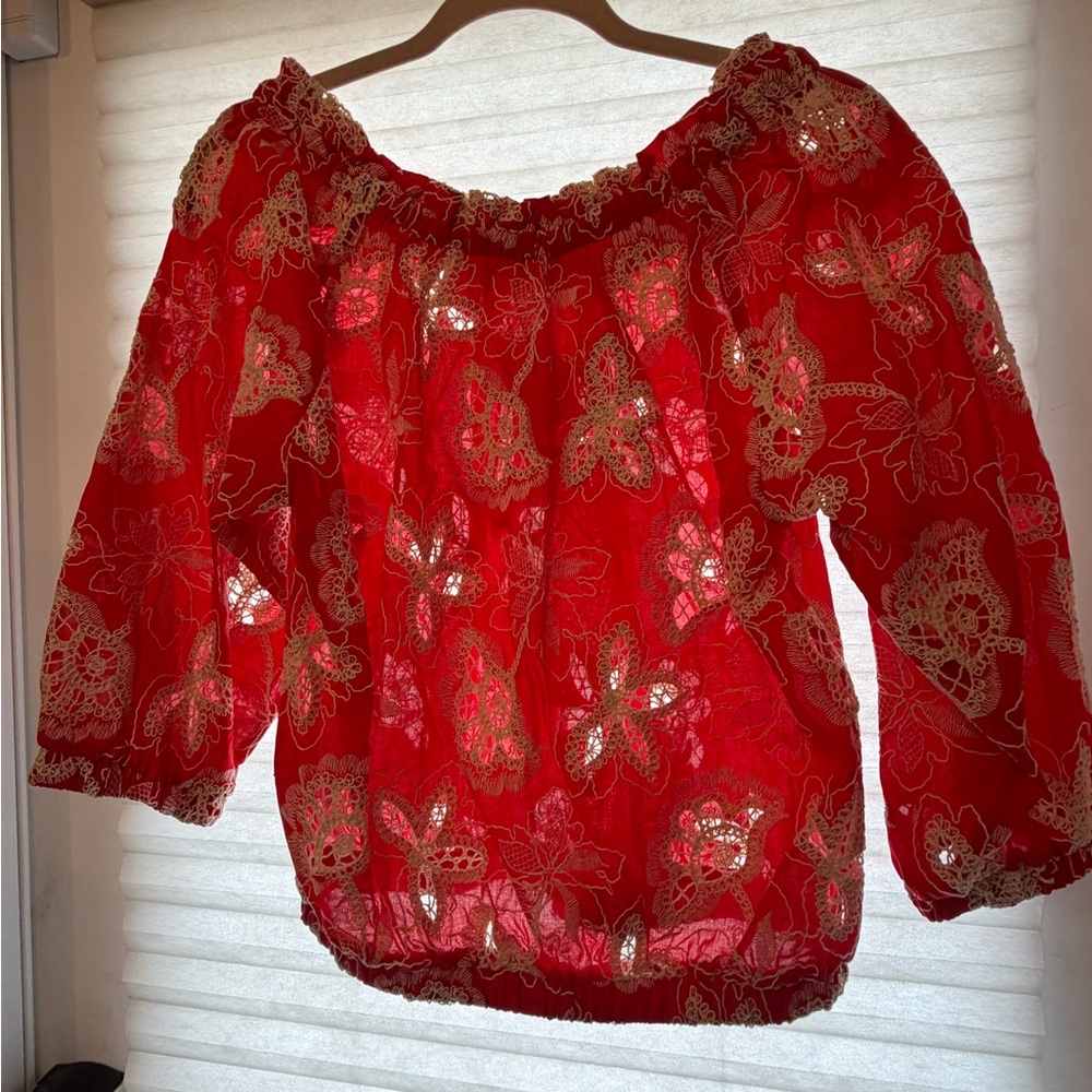 Ramy Brook Red Off-Shoulder Embroidered Blouse with Gold Accents